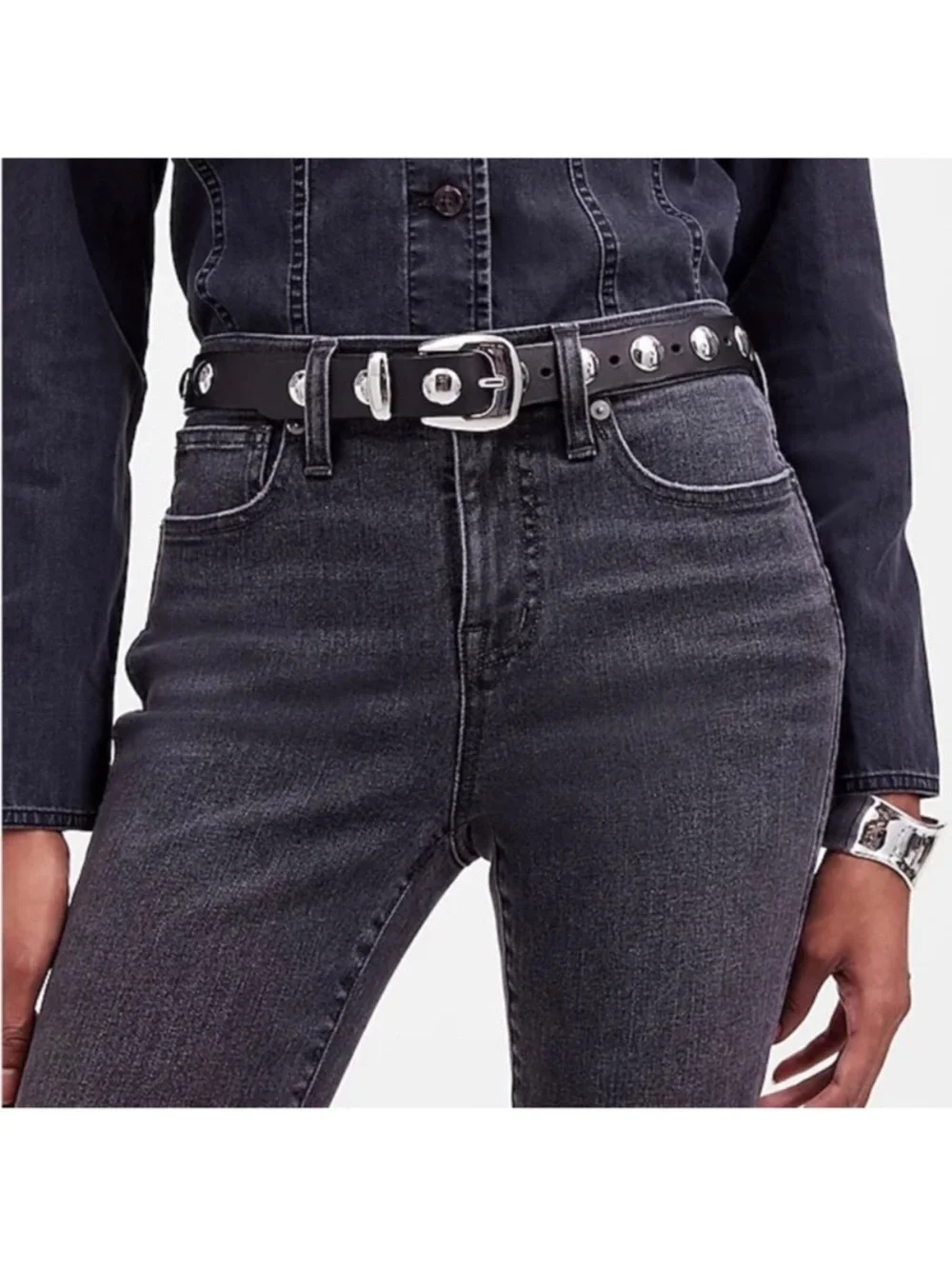 Madewell Studded Western True Black Leather Belt, Size X-Large, NWT - Picture 2 of 6